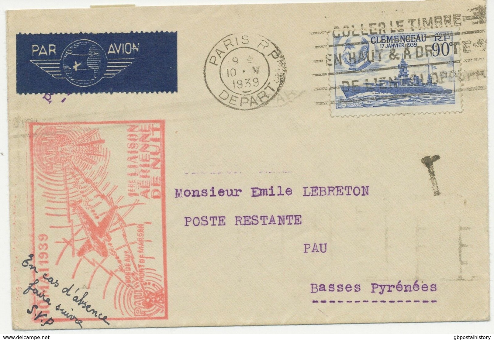FRANKREICH 1939, Erster Nachtflug "Paris - Pau" M. Cachet Und Ank.-Stpl., - Premiers Vols