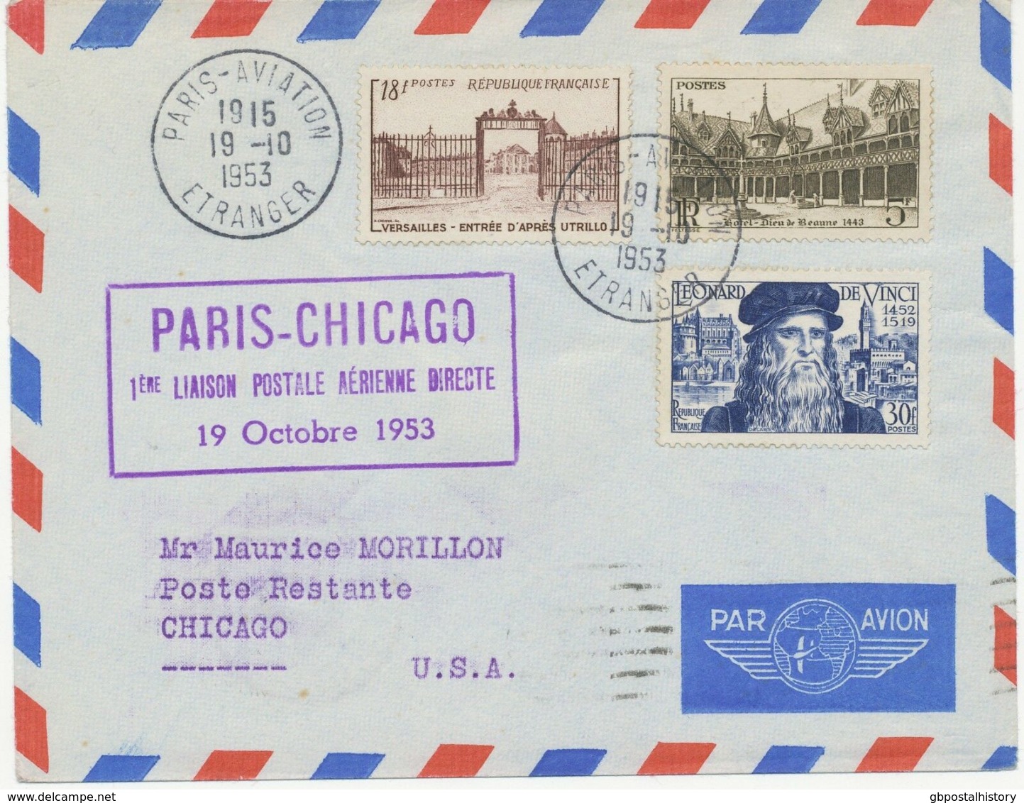 FRANKREICH 1953 Kab.-Erstflug Der Air France "Paris - Chicago" ERSTER DIREKTFLUG - Erst- U. Sonderflugbriefe