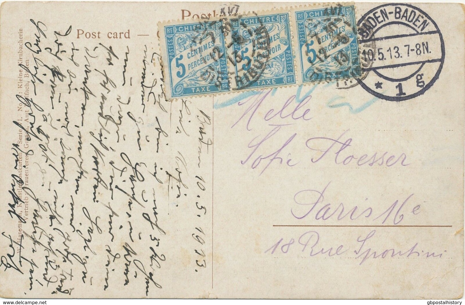 FRANKREICH 1913 5C Portomarken 3er-Streifen Selt. MeF AK "BADEN-BADEN" - "PARIS" - 1859-1959 Covers & Documents