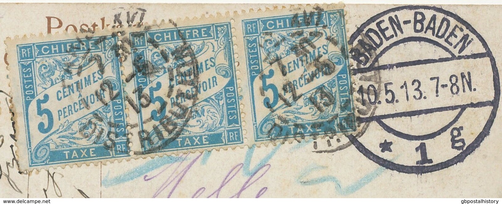 FRANKREICH 1913 5C Portomarken 3er-Streifen Selt. MeF AK "BADEN-BADEN" - "PARIS" - 1859-1959 Briefe & Dokumente