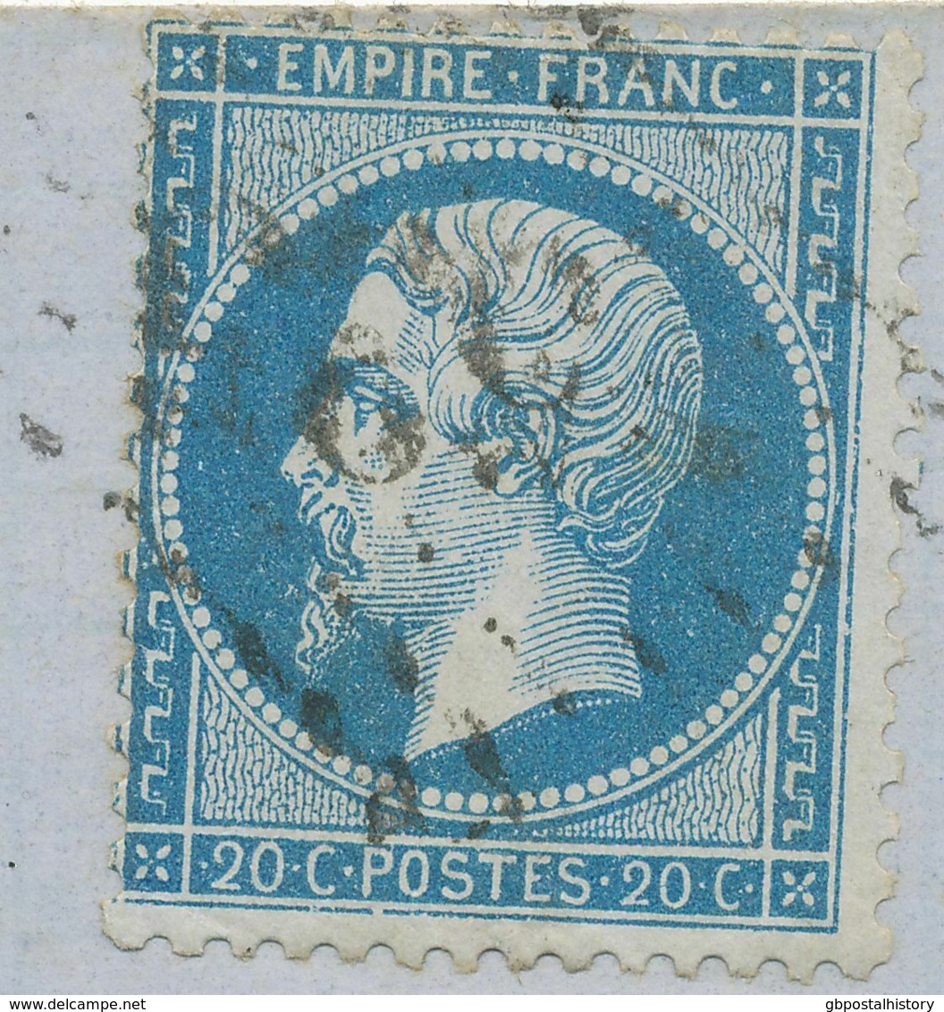 FRANKREICH 1863 20 C Blau Napoleon EF Pra.-Bf, ABART: Rahmen Unten Gebrochen - Ohne Zuordnung