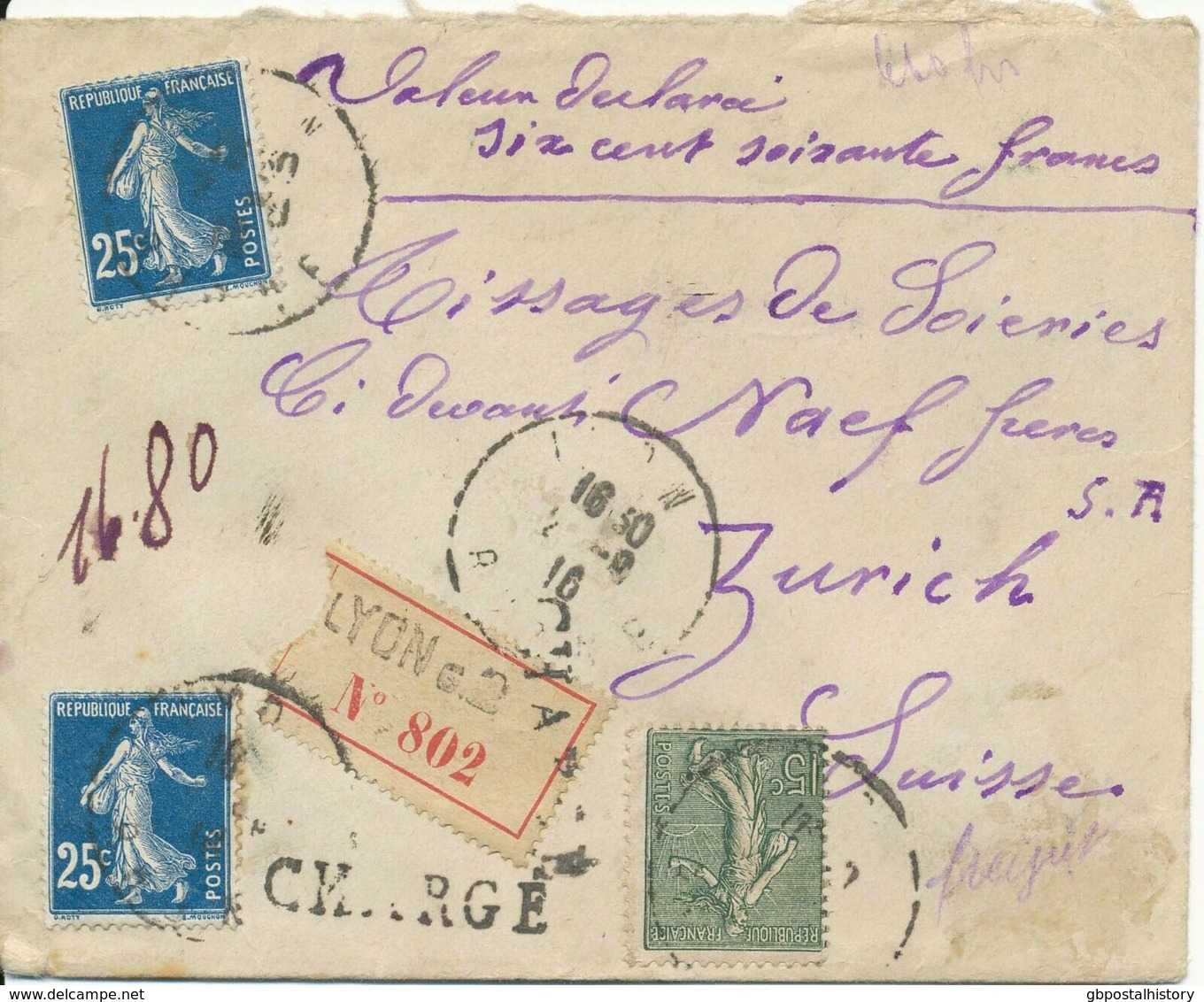 FRANKREICH 1916 Int. Mischfrank. Selt. Versiegelte Pra.-Wertbrief über 1.680 Fr. - Covers & Documents