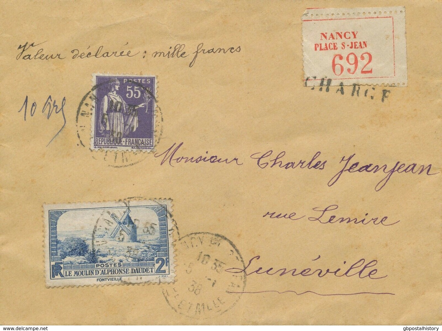 FRANKREICH 1938 Int. Mischfrank. Selt. Versiegelte Pra.-Wertbrief über 1.000 Fr. - Storia Postale