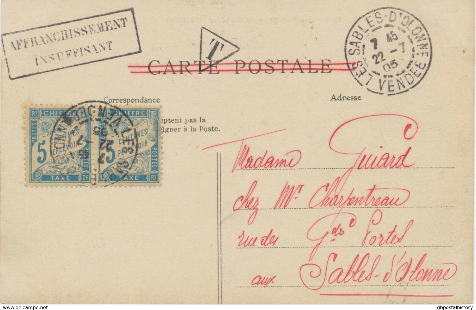 FRANKREICH 1905 Porto 5 C (Paar) A. PARIS-AK Vorderseitig M. 5 C. (Mi-Nr. 90) - 1859-1959 Covers & Documents