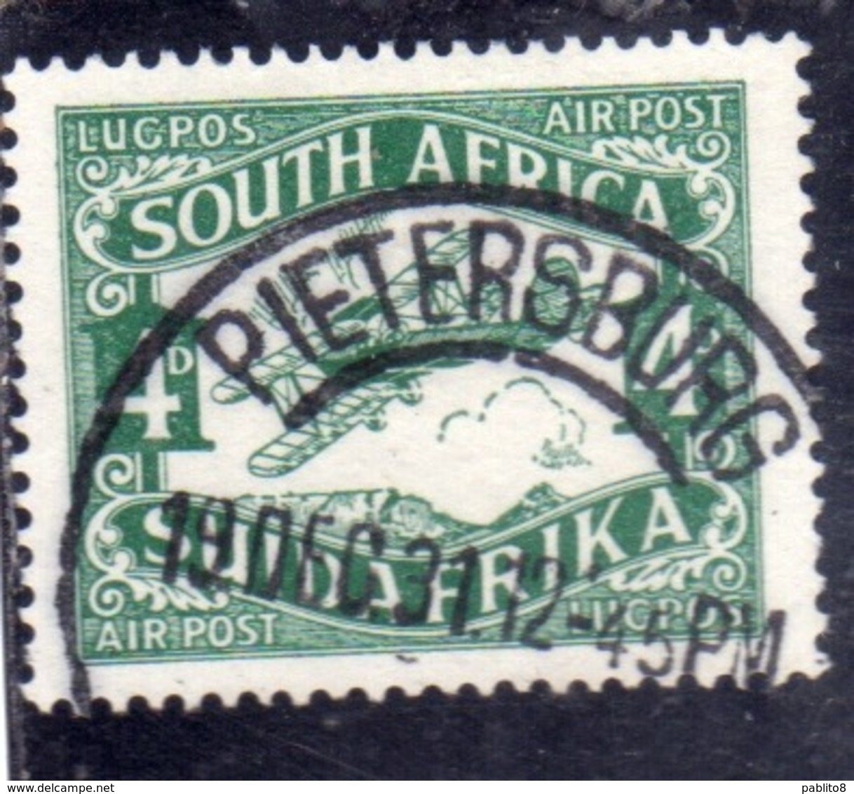 SUD SOUTH AFRICA AFRIQUE UNION AFRIKA 1929 AIRMAIL POSTA AEREA AIR MAIL BIPLANE IN FLIGHT PENCE 4p USED USATO OBLITERE' - Aéreo