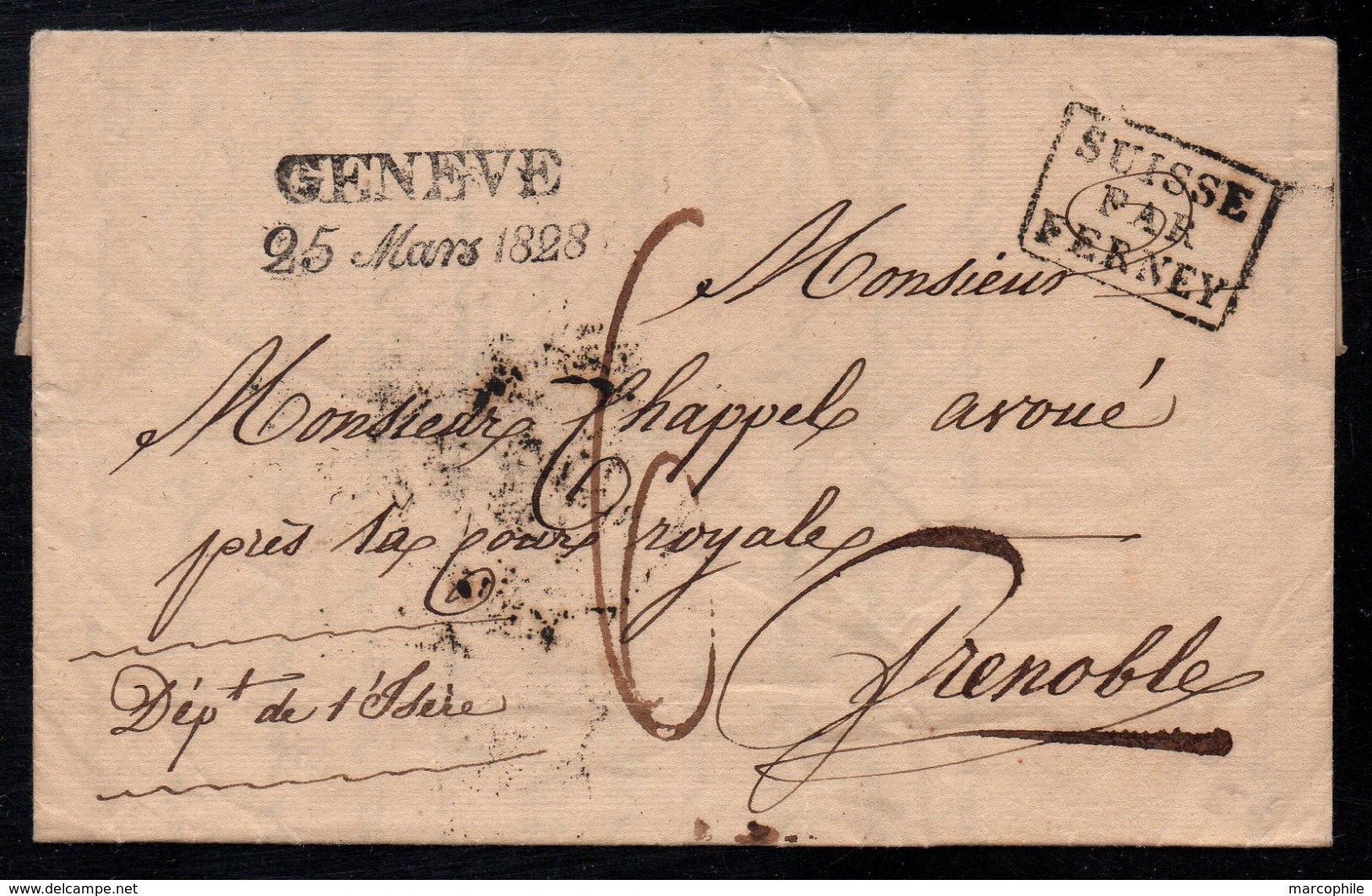 SUISSE PAR FERNEY / 1828 CACHET D'ENTREE SUR LAC DE GENEVE POUR GRENOBLE (ref 5907) - Marques D'entrées