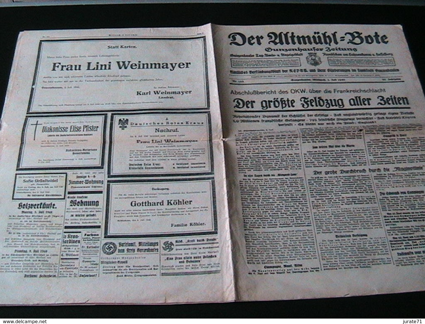 Der Altmühlbote,NSDAP-Verkündungsblatt (Bayern),3.Juli 1940,France-Battle,OKW - Hobbies & Collections