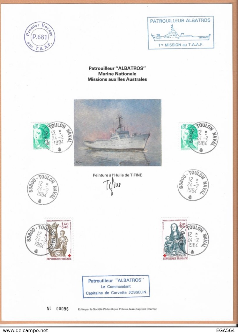 AN - Patrouilleur "ALBATROS" Sur Encart Illustré Départ De TOULON 24.2.1983 - Signature De" TIFINE " Cachets Divers - - Lettres & Documents