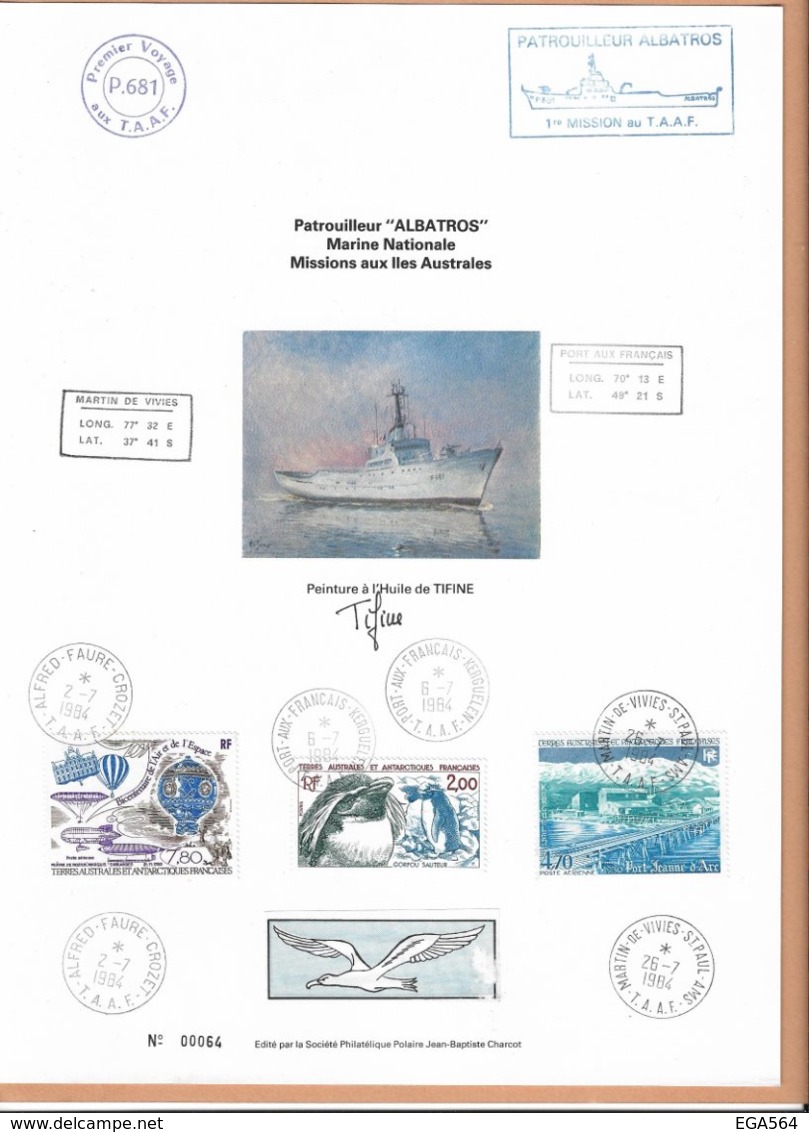 AN - Patrouilleur "ALBATROS" 1ère Mission TAAF - Oblitérations Des 3 Districts Sur Timbres TAAF- Signature De L' Artiste - Lettres & Documents