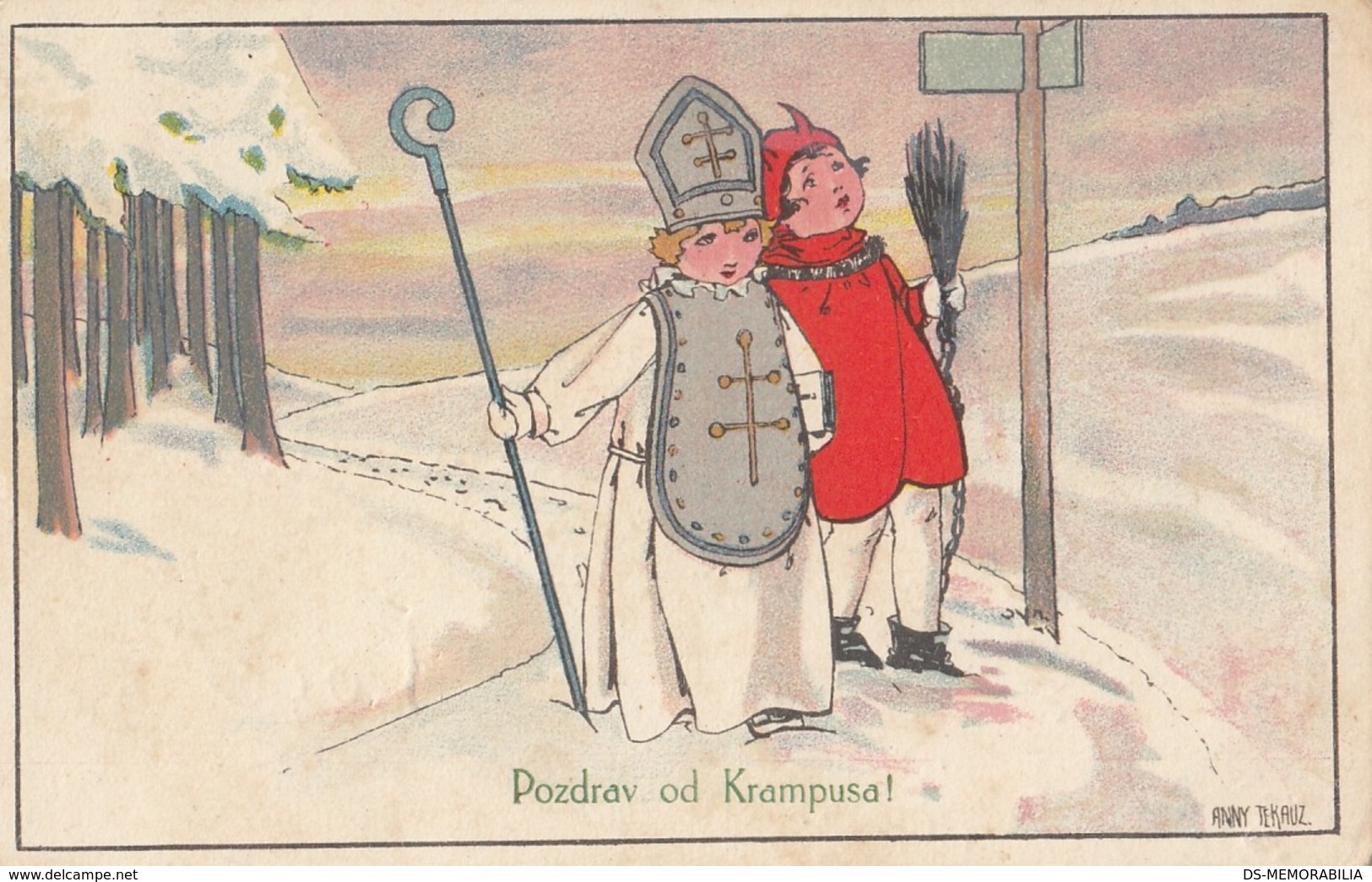 VINTAGE KRAMPUS DEVIL ST NICHOLAS POSTCARD SIGNED ANNY TEKAUZ 1926 - Saint-Nicholas Day