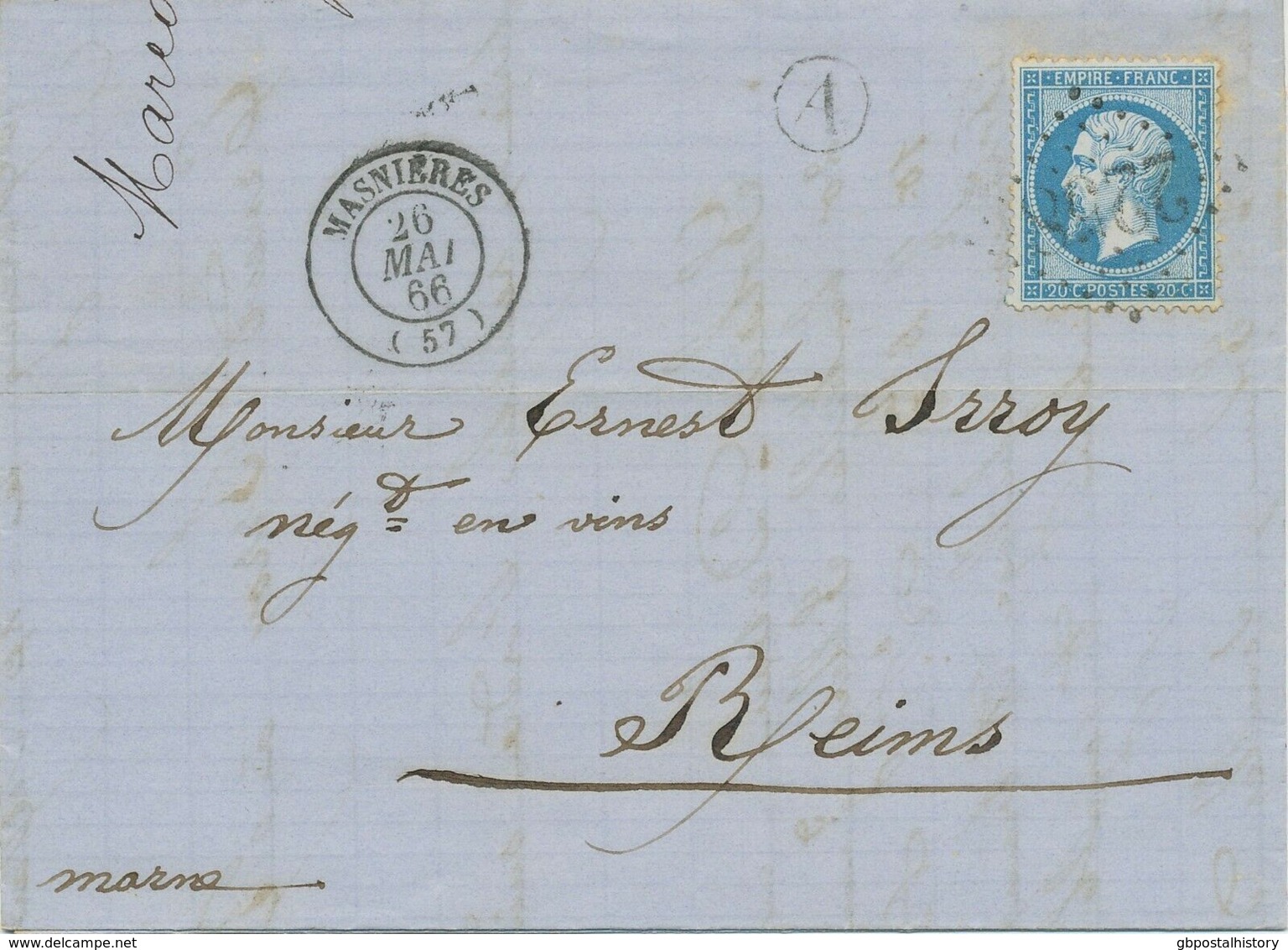 FRANKREICH 1866 "2258" (MASNIERES) N Reims M Selt Bahnpost-Kontrollstempel "A" - Railway Post