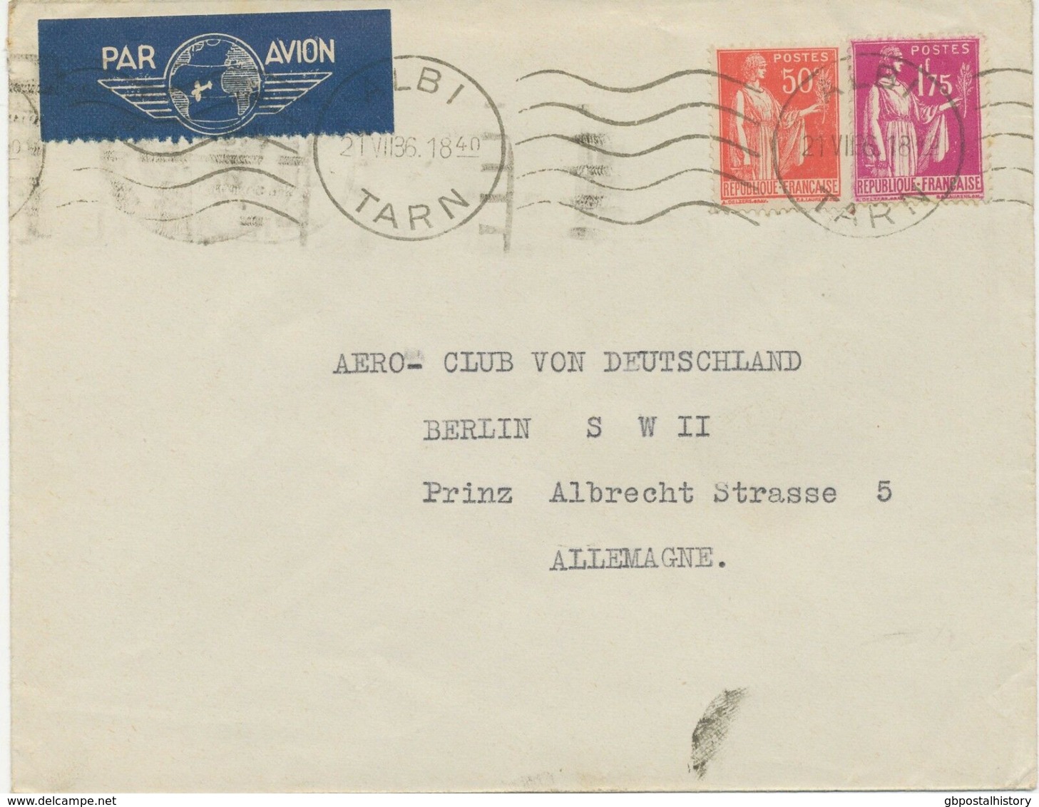 FRANKREICH 1936 Friedensallegorie 50C + 1,75Fr Flugpost-Bf Aero-Club Deutschland - 1927-1959 Brieven & Documenten
