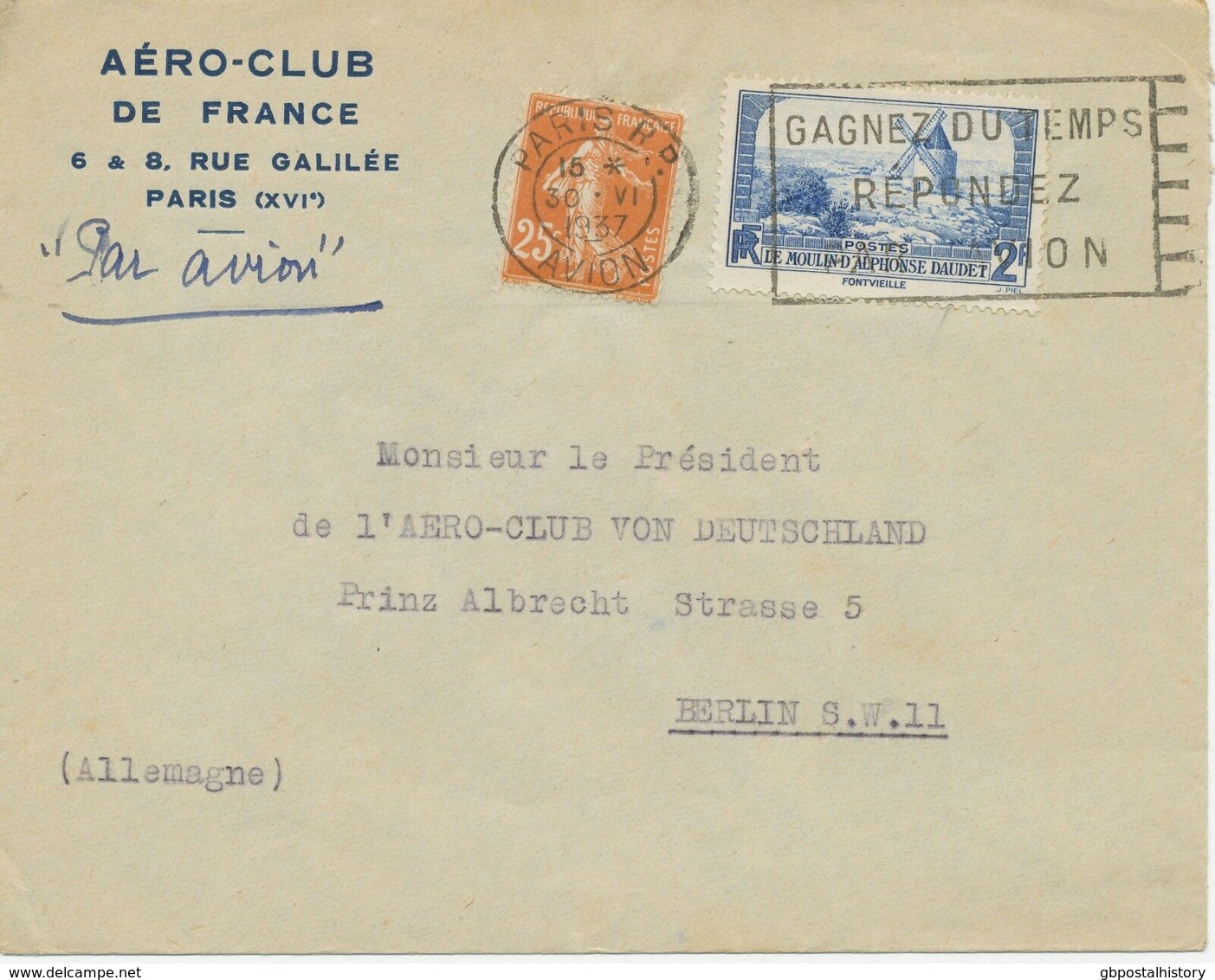 FRANKREICH 1937 Säerin 25C + Windmühle 2Fr FlugpostBf BERLIN Aero-Club De France - 1927-1959 Storia Postale