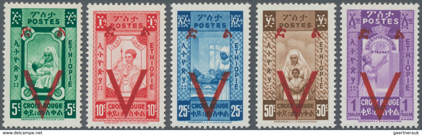 Äthiopien: 1945, Victory Issue Unissued Red Cross Stamps With Opt. Of A Large ‚V‘ Complete Set Of Fi - Etiopia