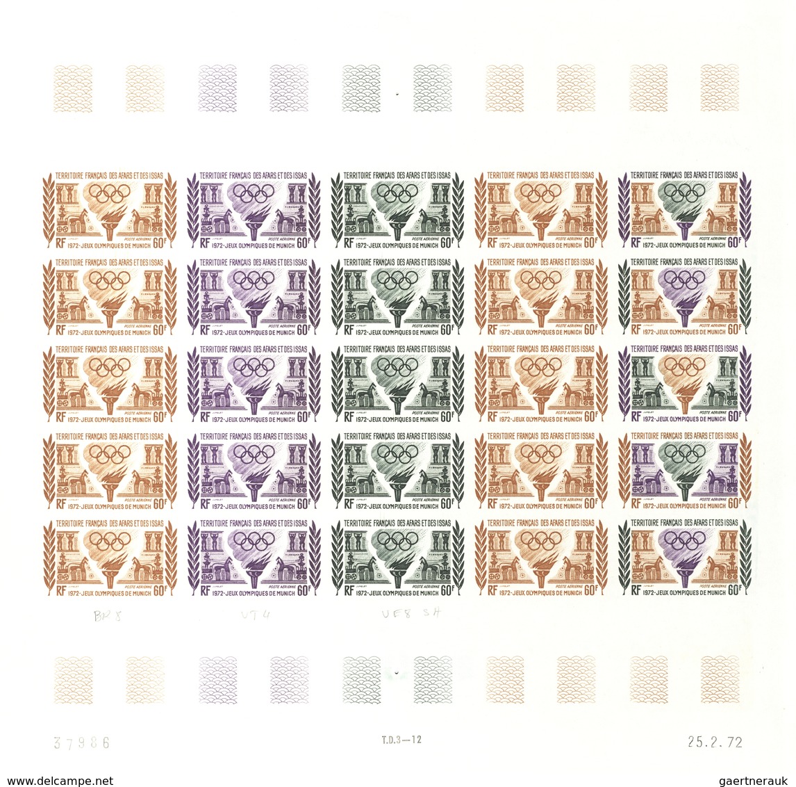 Afar und Issa: 1969/1977, IMPERFORATE COLOUR PROOFS, MNH collection of 52 complete sheets (=1.200 pr