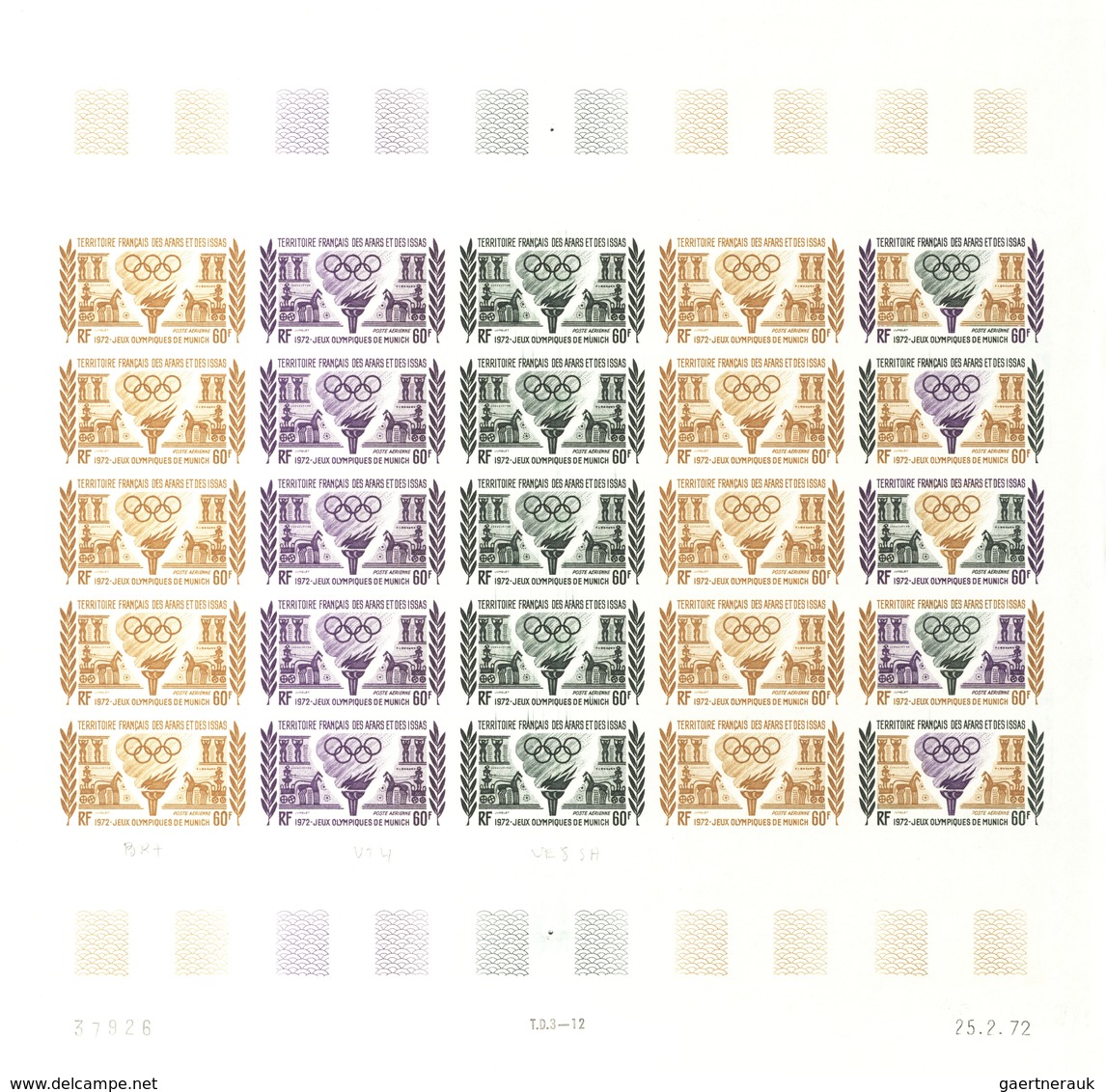 Afar und Issa: 1969/1977, IMPERFORATE COLOUR PROOFS, MNH collection of 52 complete sheets (=1.200 pr