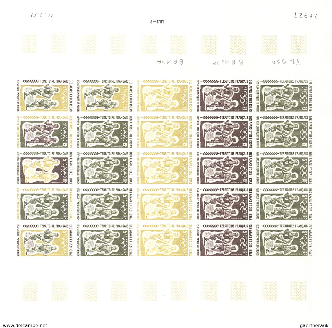 Afar und Issa: 1969/1977, IMPERFORATE COLOUR PROOFS, MNH collection of 52 complete sheets (=1.200 pr