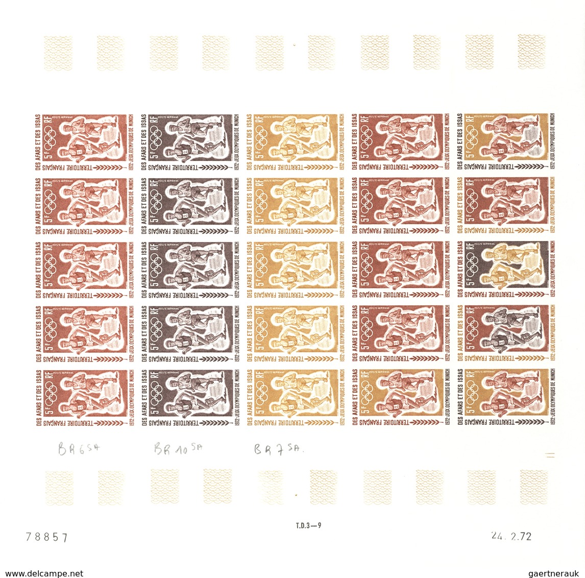 Afar und Issa: 1969/1977, IMPERFORATE COLOUR PROOFS, MNH collection of 52 complete sheets (=1.200 pr