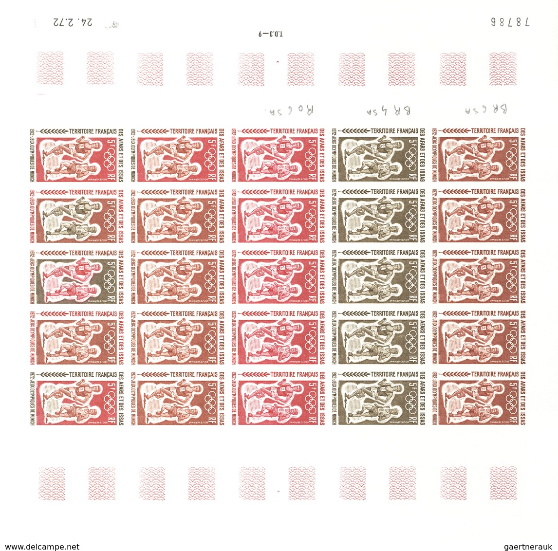 Afar und Issa: 1969/1977, IMPERFORATE COLOUR PROOFS, MNH collection of 52 complete sheets (=1.200 pr