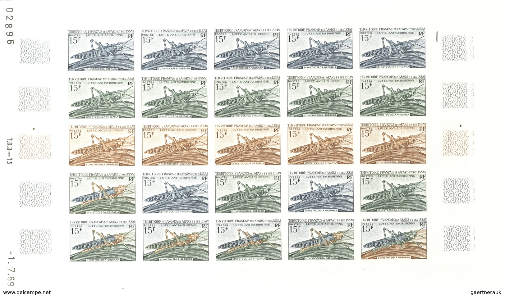 Afar und Issa: 1969/1977, IMPERFORATE COLOUR PROOFS, MNH collection of 52 complete sheets (=1.200 pr