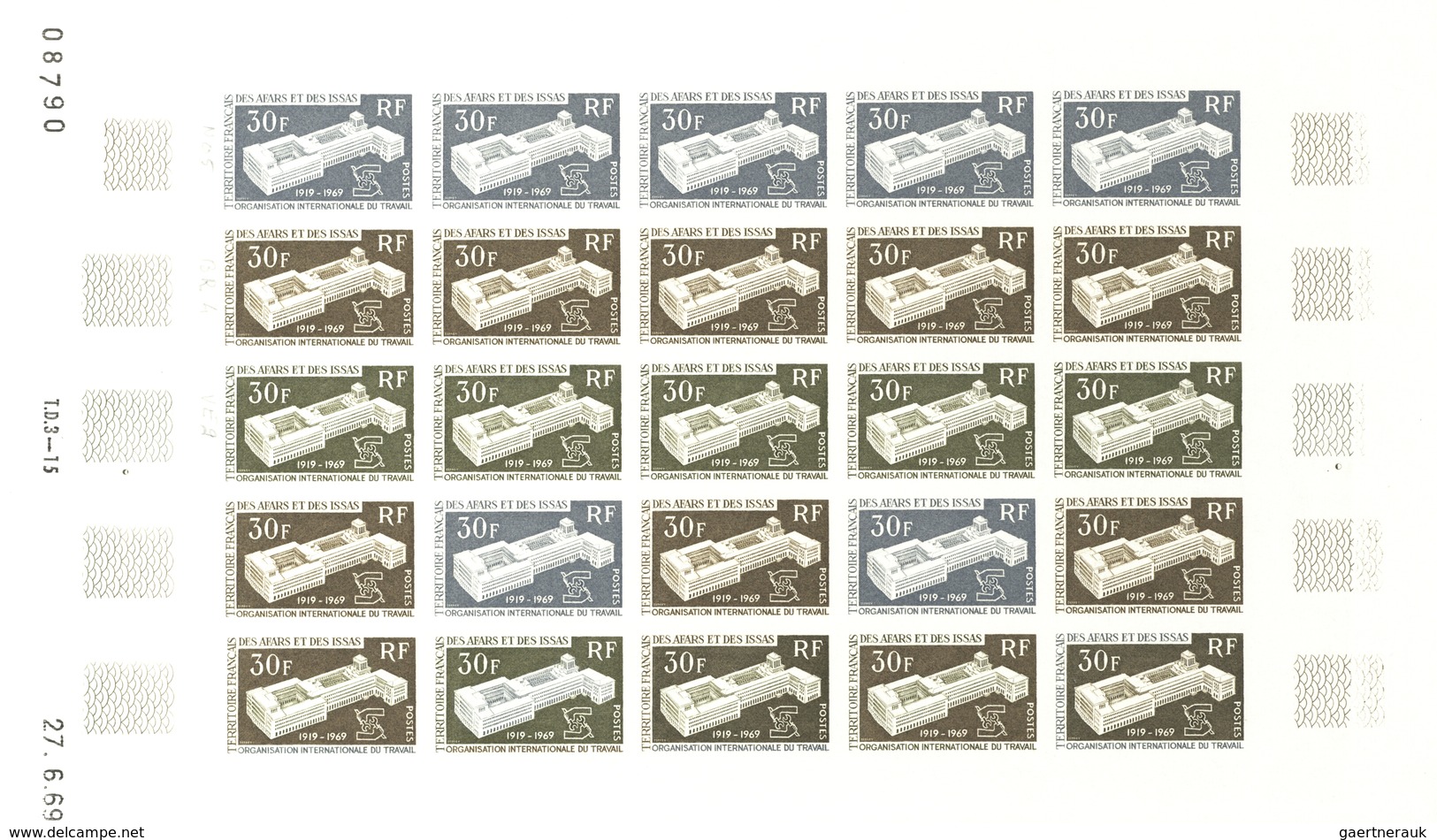 Afar und Issa: 1969/1977, IMPERFORATE COLOUR PROOFS, MNH collection of 52 complete sheets (=1.200 pr