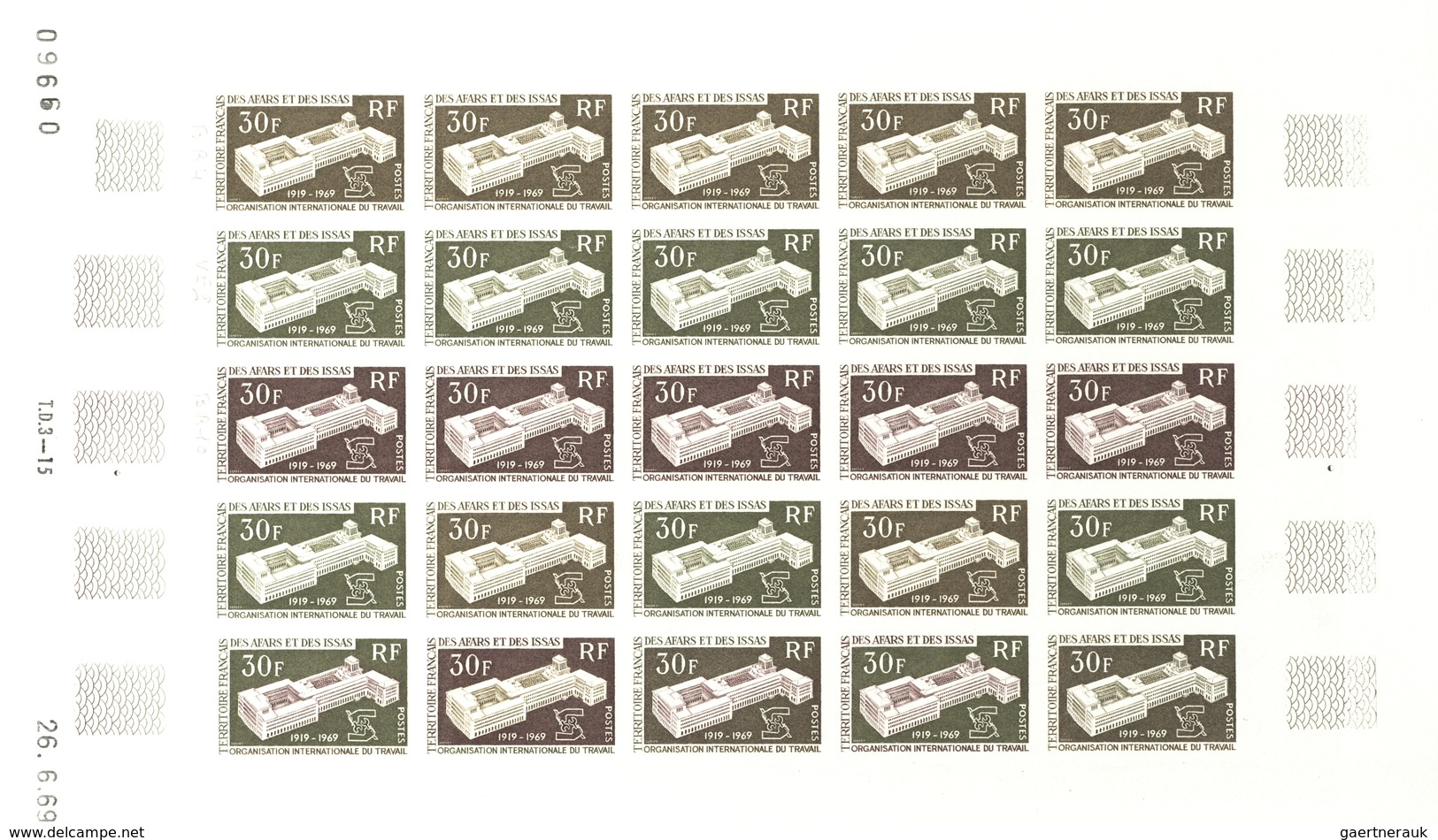 Afar und Issa: 1969/1977, IMPERFORATE COLOUR PROOFS, MNH collection of 52 complete sheets (=1.200 pr