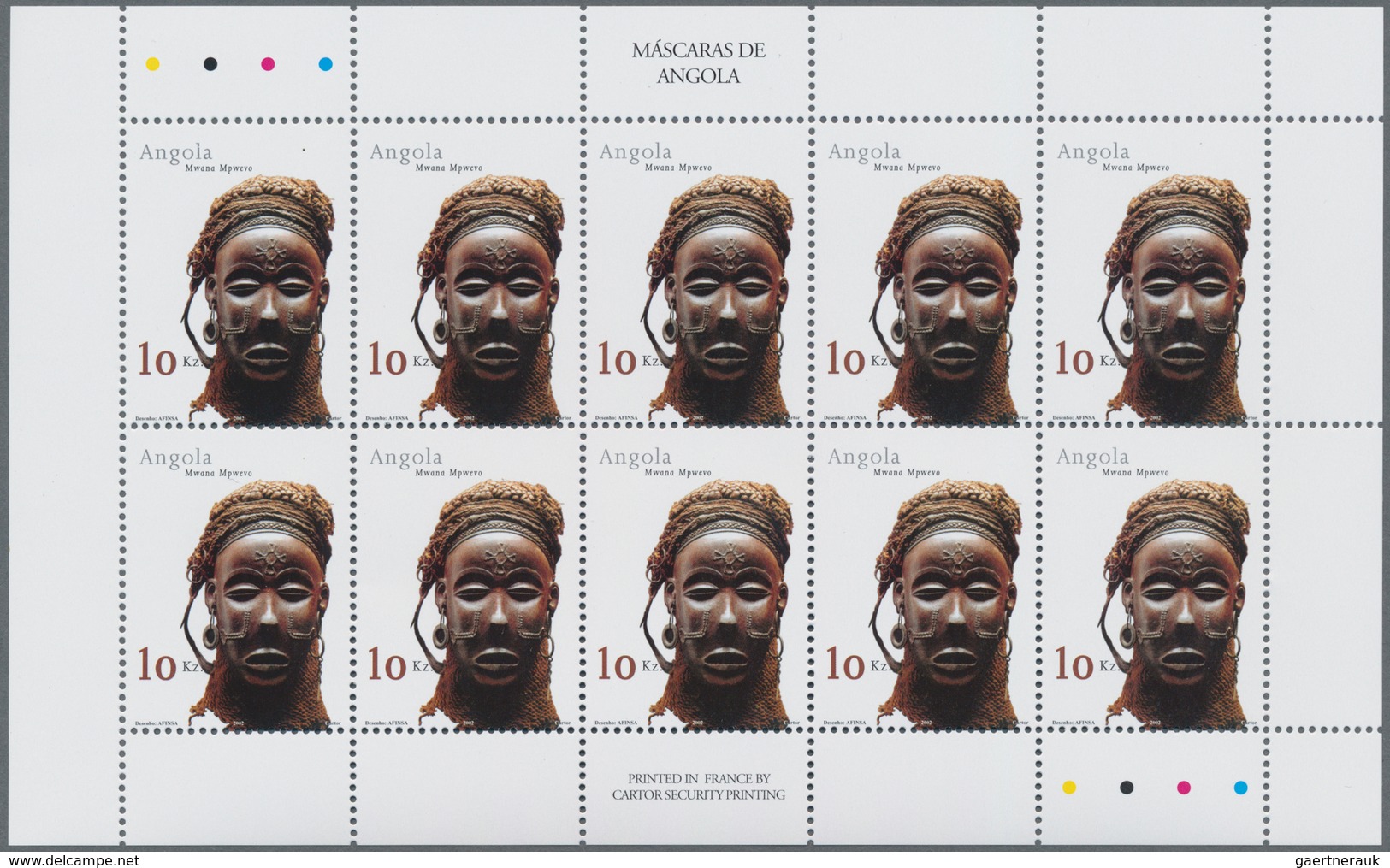 Angola: 2002, MASKS, Complete Set Of Five In An Investment Lot Of 1000 Sets In Minature Sheets Of 10 - Angola