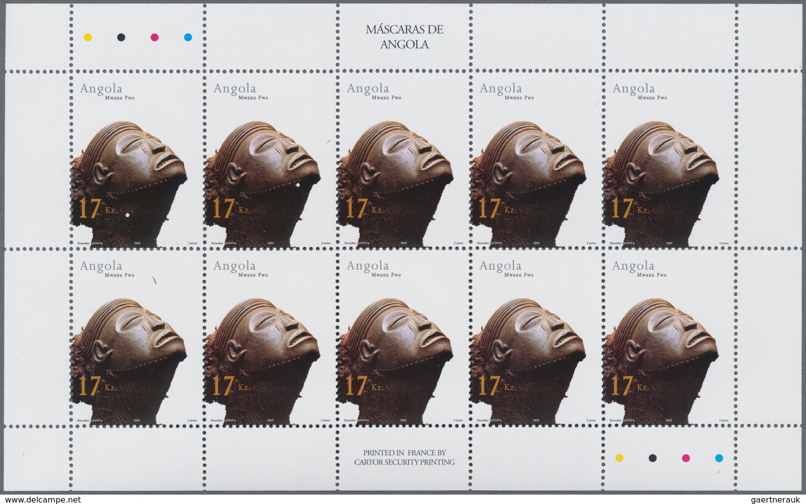 Angola: 2002, MASKS, Complete Set Of Five In An Investment Lot Of 1000 Sets In Minature Sheets Of 10 - Angola