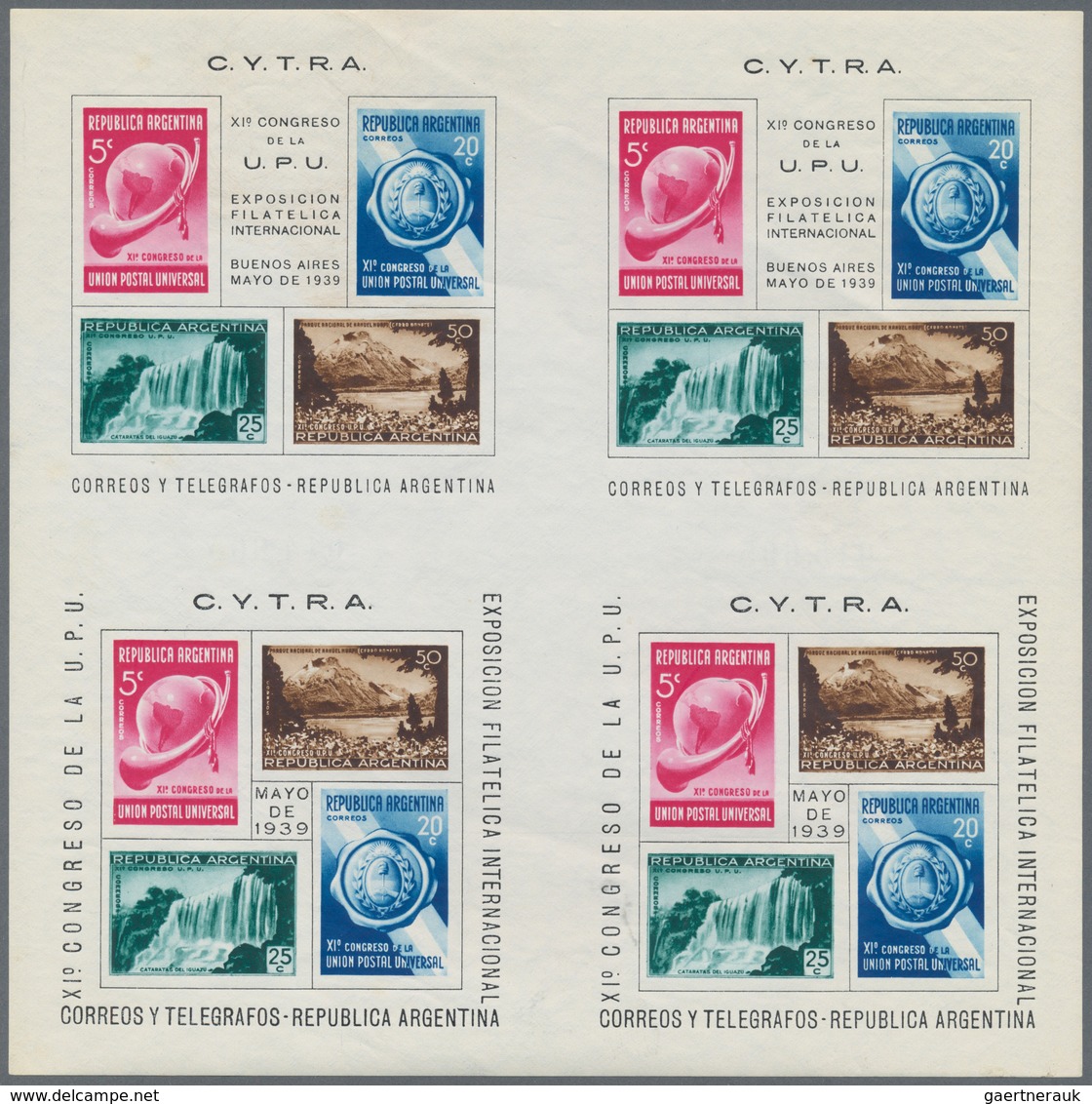 Argentinien: 1939, International Stamp Exhibition (11th UPU Congress) Souvenir Sheets: Block Of Four - Sonstige & Ohne Zuordnung