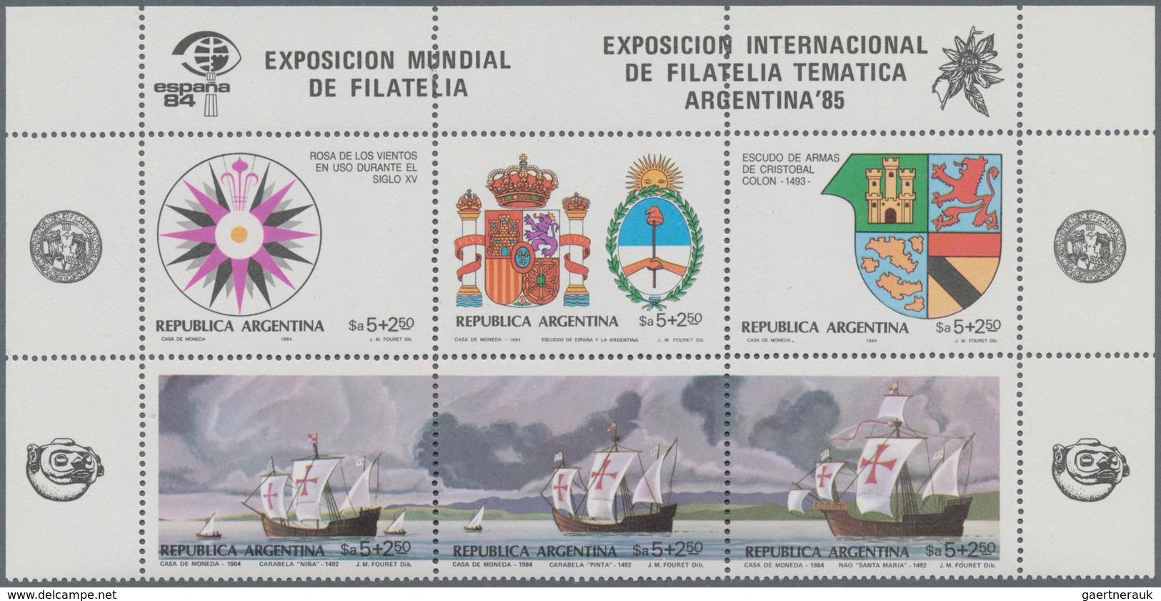 Argentinien: 1984, Stamp Exhibitions In Madrid And Buenos Aires Complete Set Of Six In Se-tenant Blo - Otros & Sin Clasificación