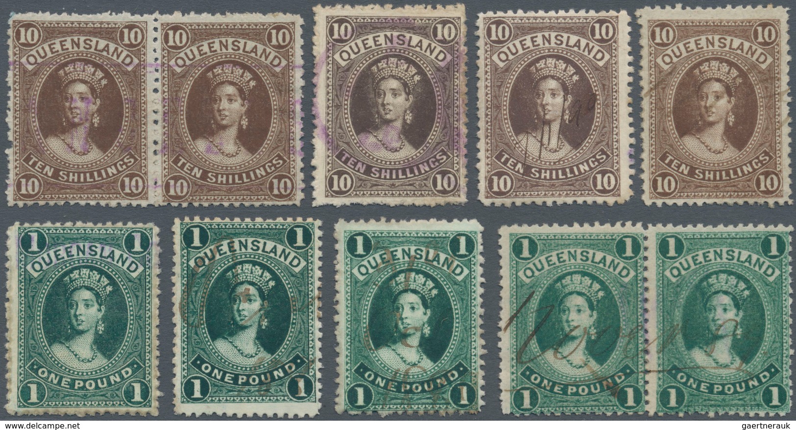 Queensland: 1882/1900 (ca.), QV Heads Large Types 2s.6d. Vermilion, 5s. Rose, 10s. Brown And £1 Deep - Cartas & Documentos