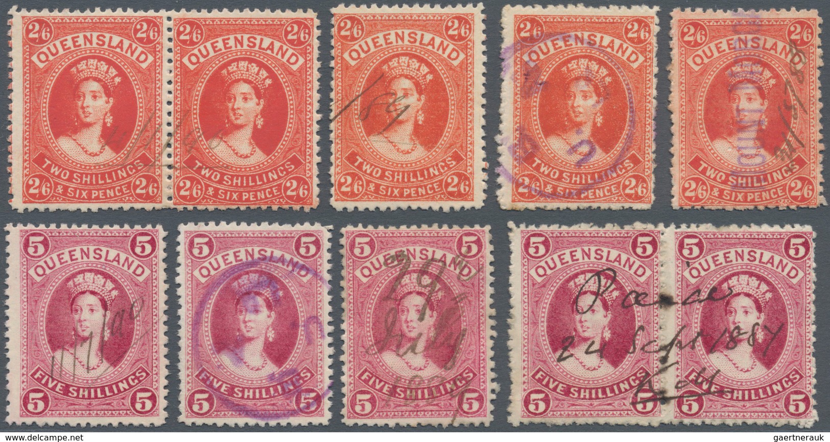 Queensland: 1882/1900 (ca.), QV Heads Large Types 2s.6d. Vermilion, 5s. Rose, 10s. Brown And £1 Deep - Briefe U. Dokumente