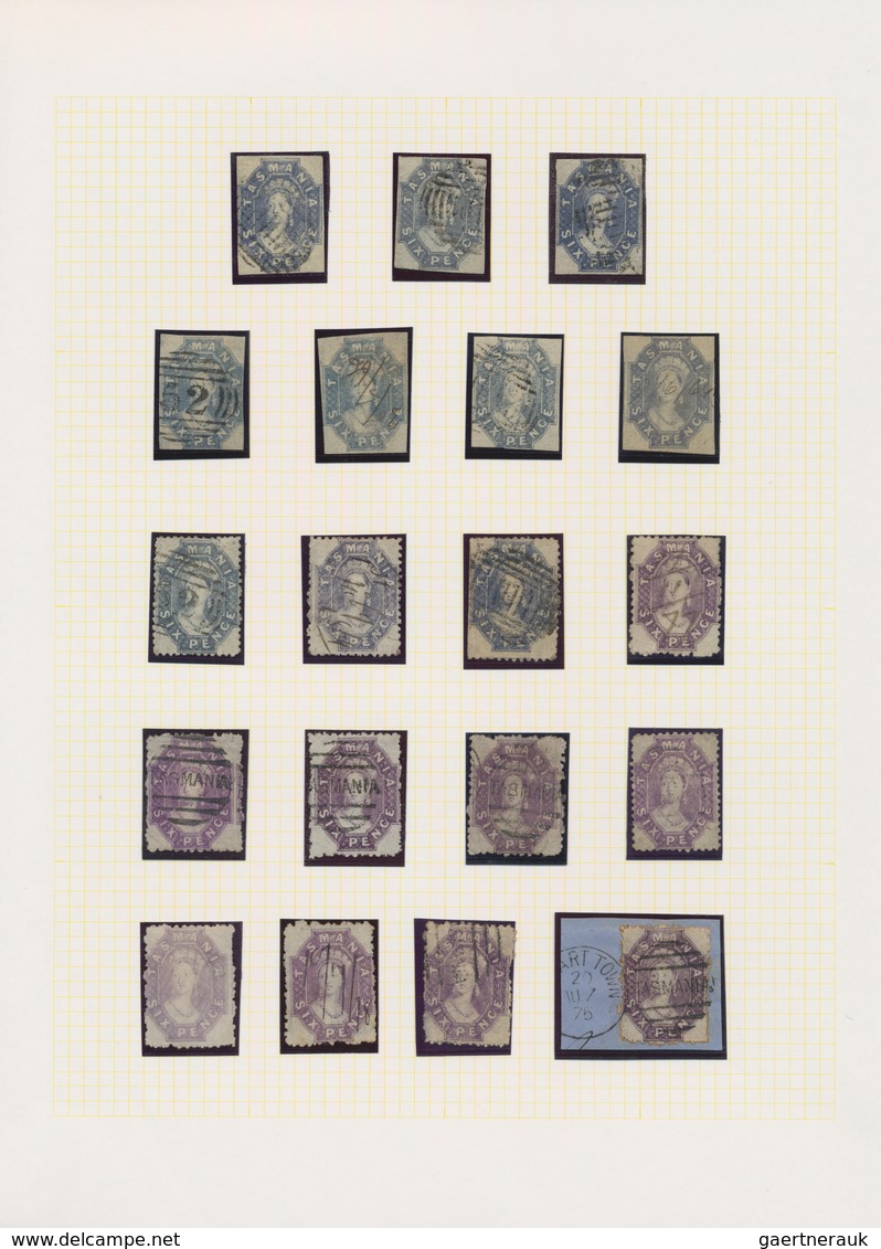 Tasmanien: 1857/1872 (ca.), Specialised Used Collection Of 6d. Lilac/violet (26) And 1s. Orange (11) - Briefe U. Dokumente
