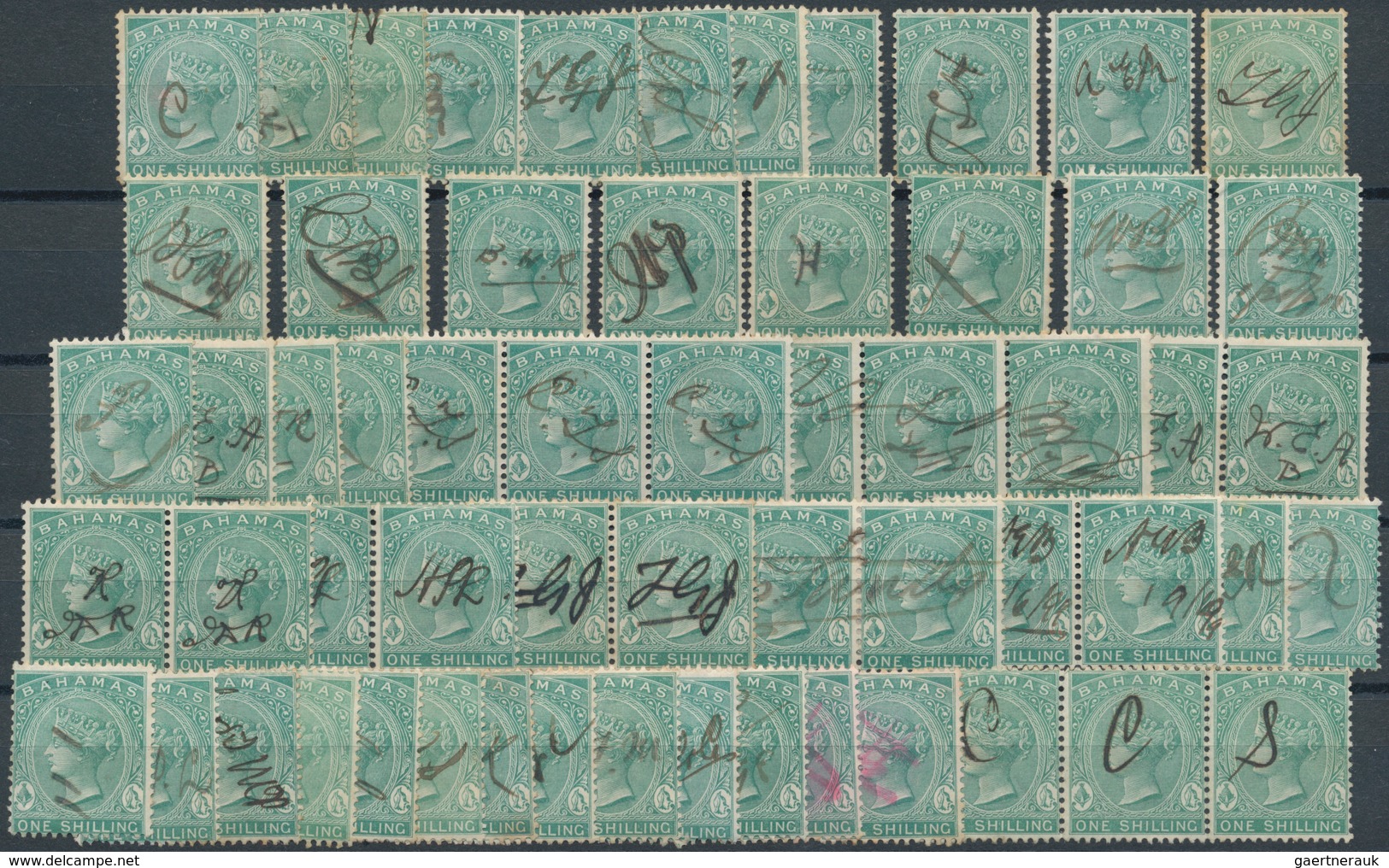 Bahamas: 1880, 1s. Green, Wm Crown CC, Perf. 14, Lot Of Apprx. 820 Fiscally Used Stamps. SG 39 - 1963-1973 Autonomía Interna