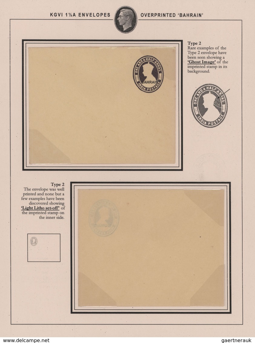 Bahrain: 1933/1937. Exhibit "KGVI 1½A Envelopes Overprinted BAHRAIN" On 16 Sheets. In All 30 Items, - Bahrain (1965-...)