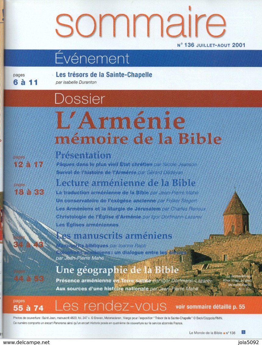 Le MONDE DE La BIBLE N°136-2001 - L'Arménie Mémoire De La Bible - La Sainte Chapelle - History