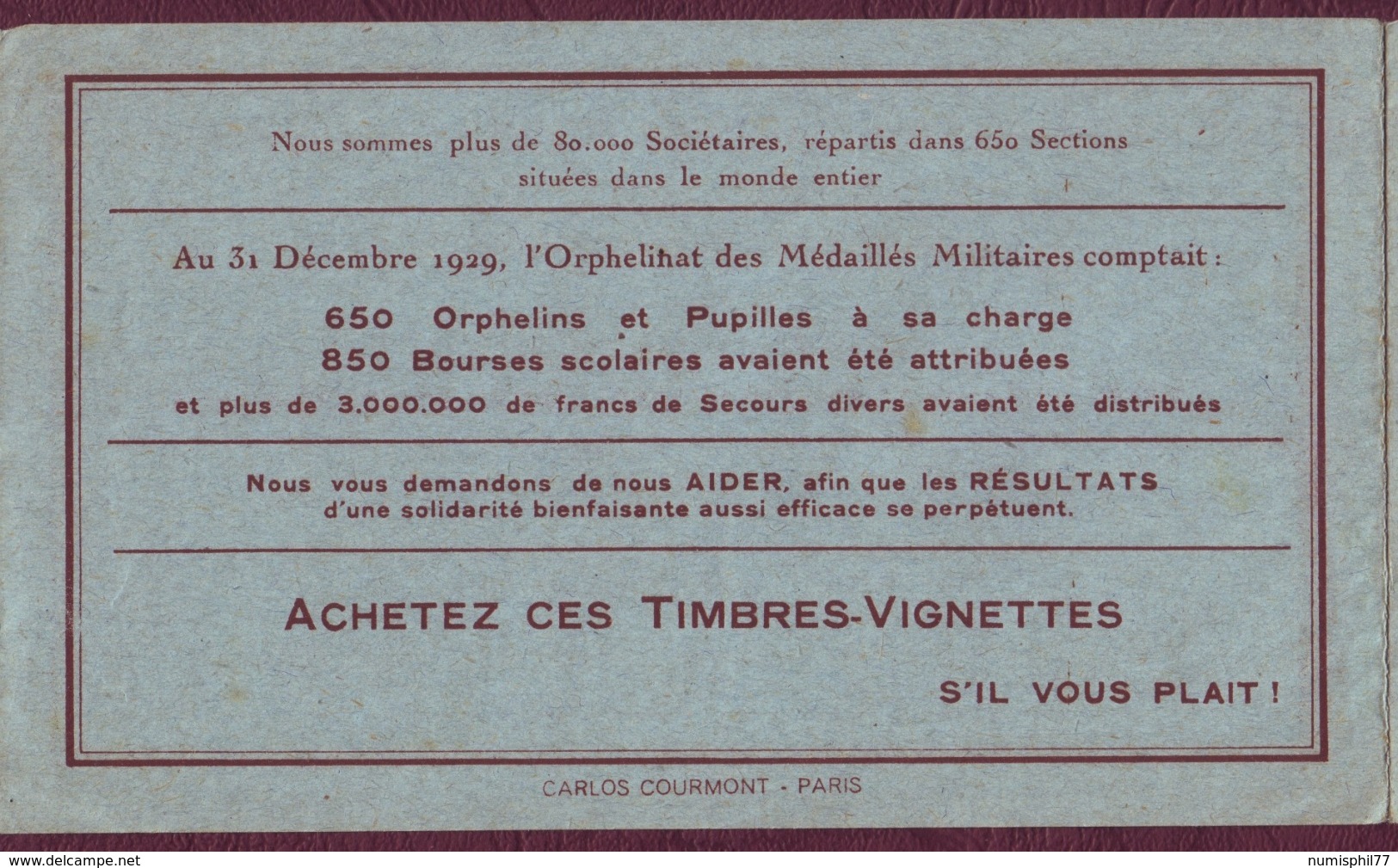 FRANCE - Rare Carnet Complet De 10 Vignettes Pétain - Bleu - ORPHELINAT DES MÉDAILLES MILITAIRES - Vignettes Militaires
