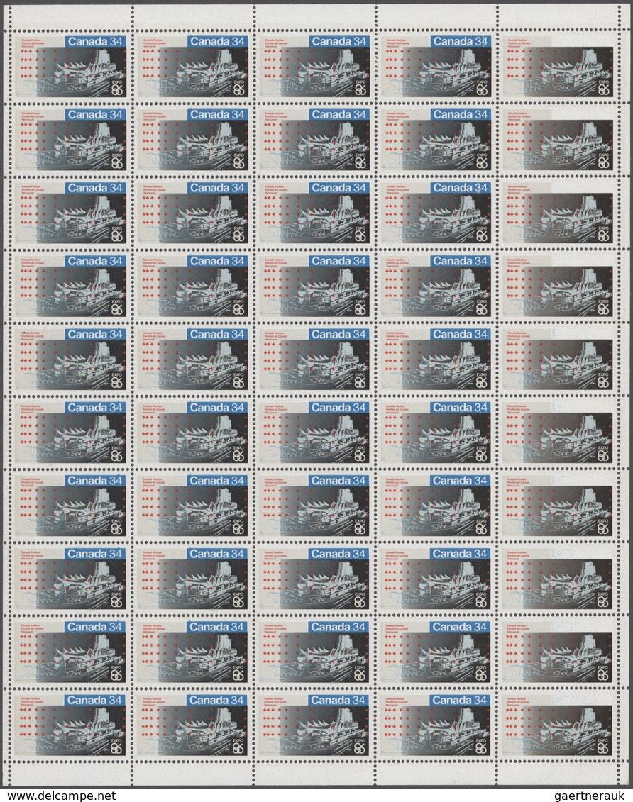 Kanada: 1986, EXPO Vancouver, 34c. "Canadian Pavillon", Complete Sheet Of 50 Stamps, Right Column Sh - Sammlungen