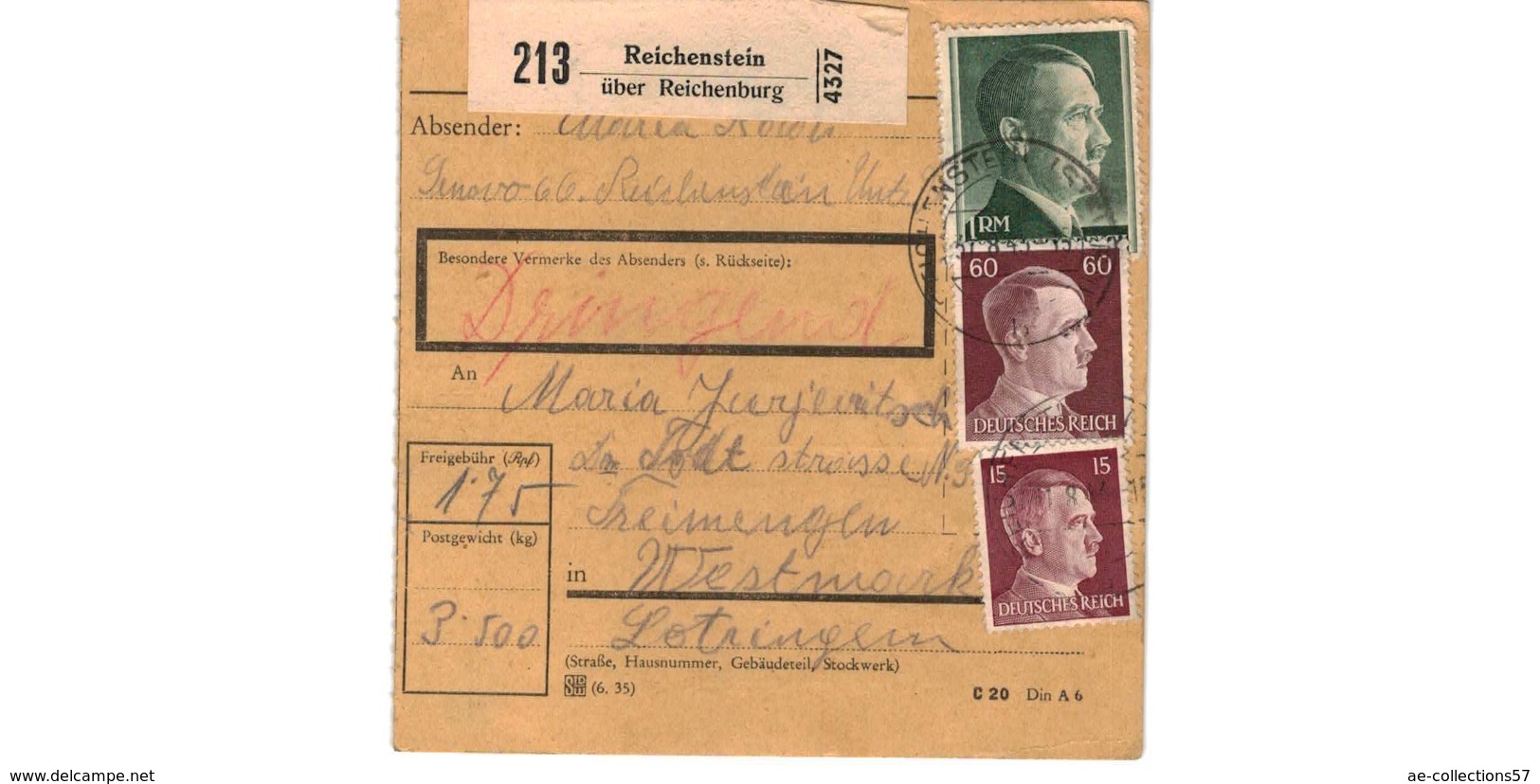 Colis Postal  -  De Reichenstein ( über Reichenburg ) - Briefe U. Dokumente