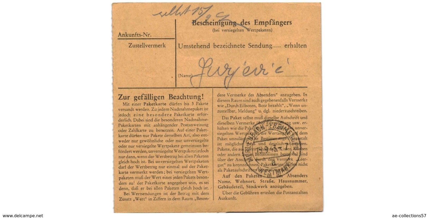 Colis Postal  -  De Reichenstein ( über Reichenburg ) - Briefe U. Dokumente