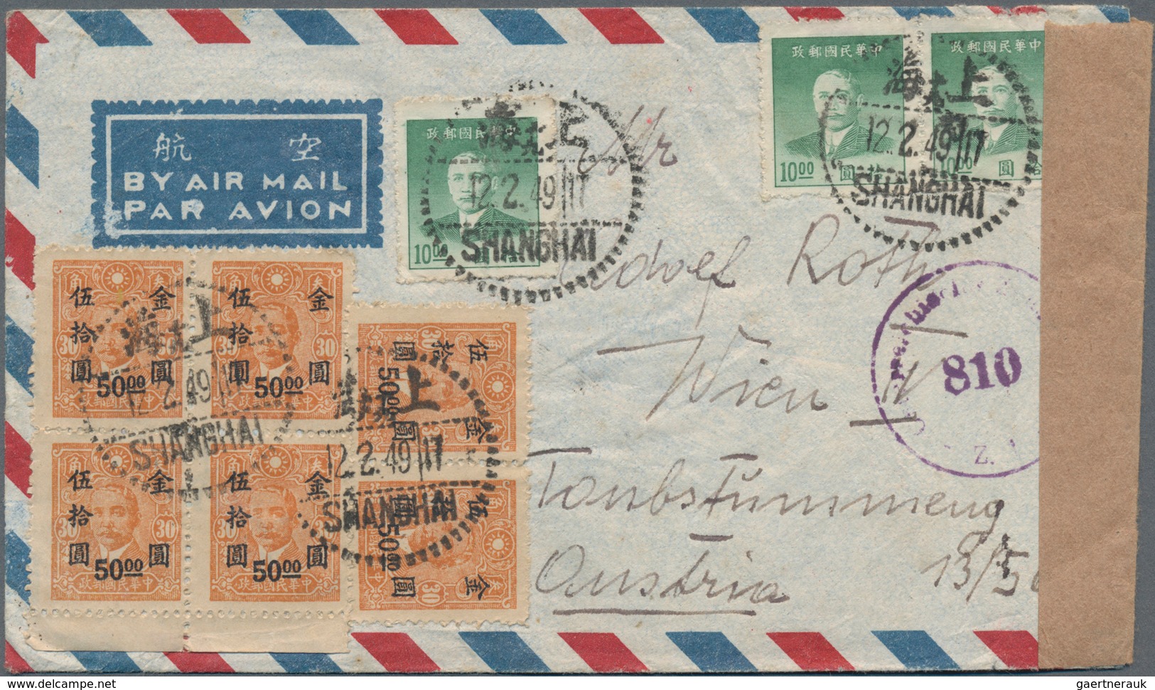 China: 1907/1949, Group Of Five Covers/cards To Austria, Three Censored Airmail Covers, One Register - 1912-1949 República