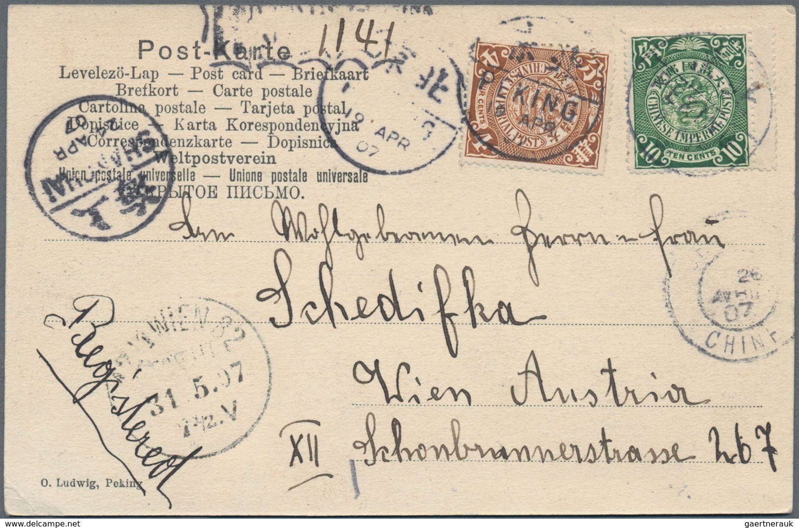China: 1907/1949, Group Of Five Covers/cards To Austria, Three Censored Airmail Covers, One Register - 1912-1949 República