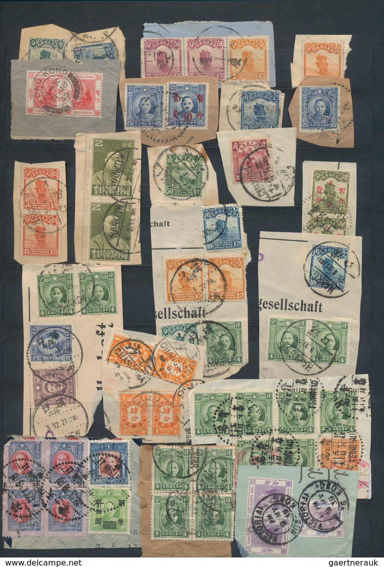 China: 1915/80 (ca.), Collection Of Stamps Used On Pieces In Album, With Many Interesting And Comple - 1912-1949 Republik