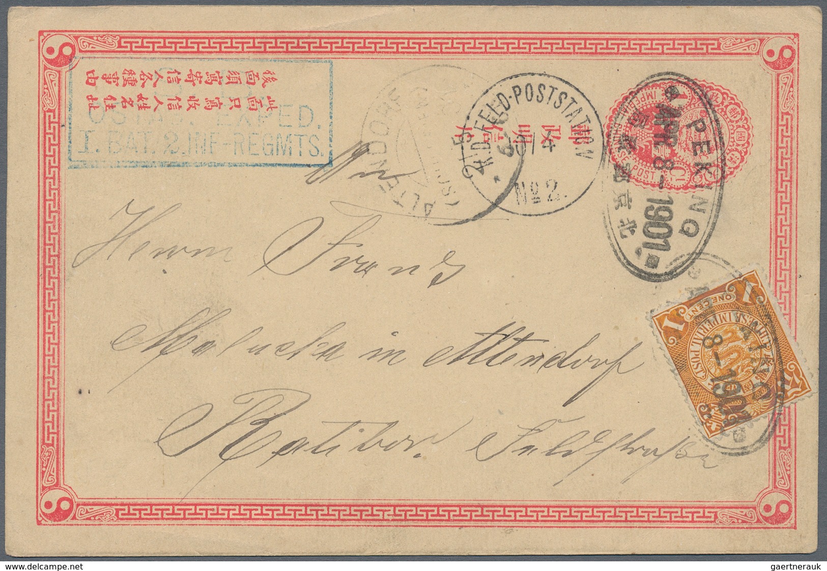 China - Ganzsachen: 1897, Card ICP 1 C. Used As German Military Mails (2, From Peking And Tientsin) - Postales