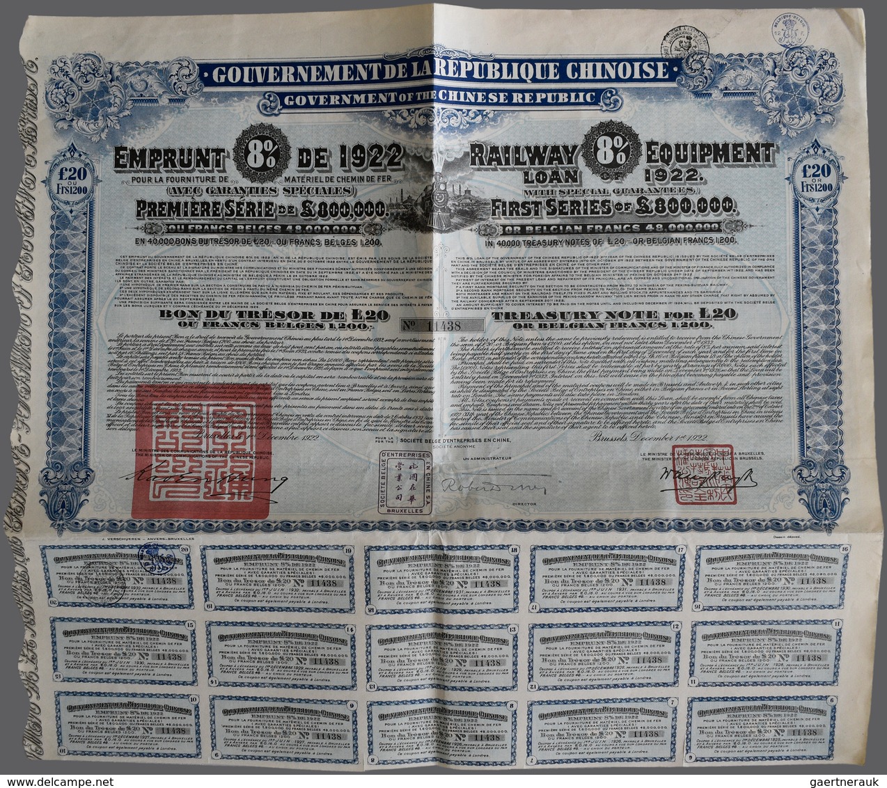 China - Besonderheiten: 1922, RAILWAY EQUIPMENT LOAN, Treasury Note Of £20 Or Belgian Frs1200, Issue - Sonstige & Ohne Zuordnung