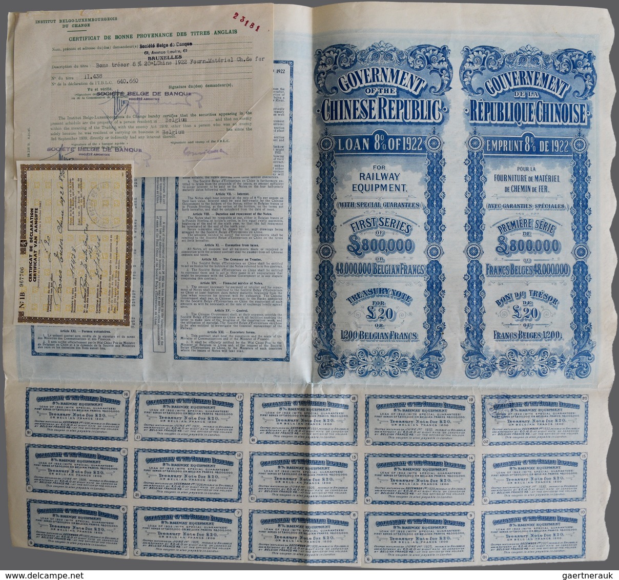 China - Besonderheiten: 1922, RAILWAY EQUIPMENT LOAN, Treasury Note Of £20 Or Belgian Frs1200, Issue - Andere & Zonder Classificatie