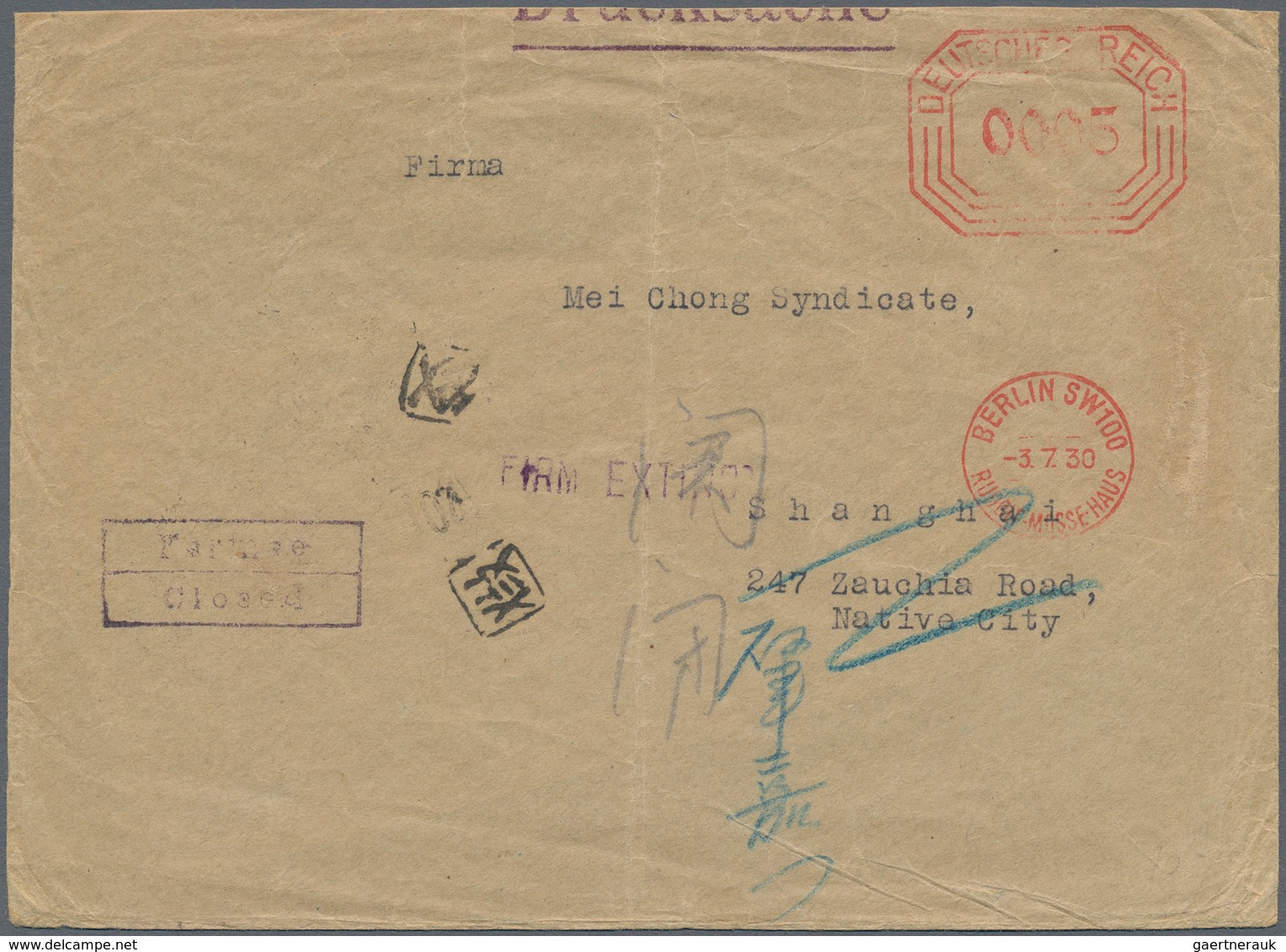 China - Besonderheiten: Incoming Mail, Germany, 1933, 25 Pf. Frank Tied "BADEN-BADEN 25.10.33" To Sh - Sonstige & Ohne Zuordnung