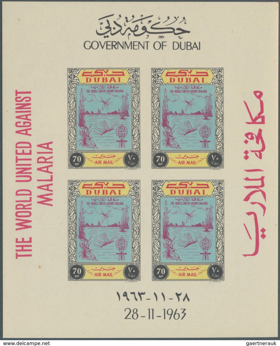 Dubai: 1963/64, Accumulation Of The Imperforate MINIATURE SHEETS With Many Complete Sets Incl. Malar - Dubai