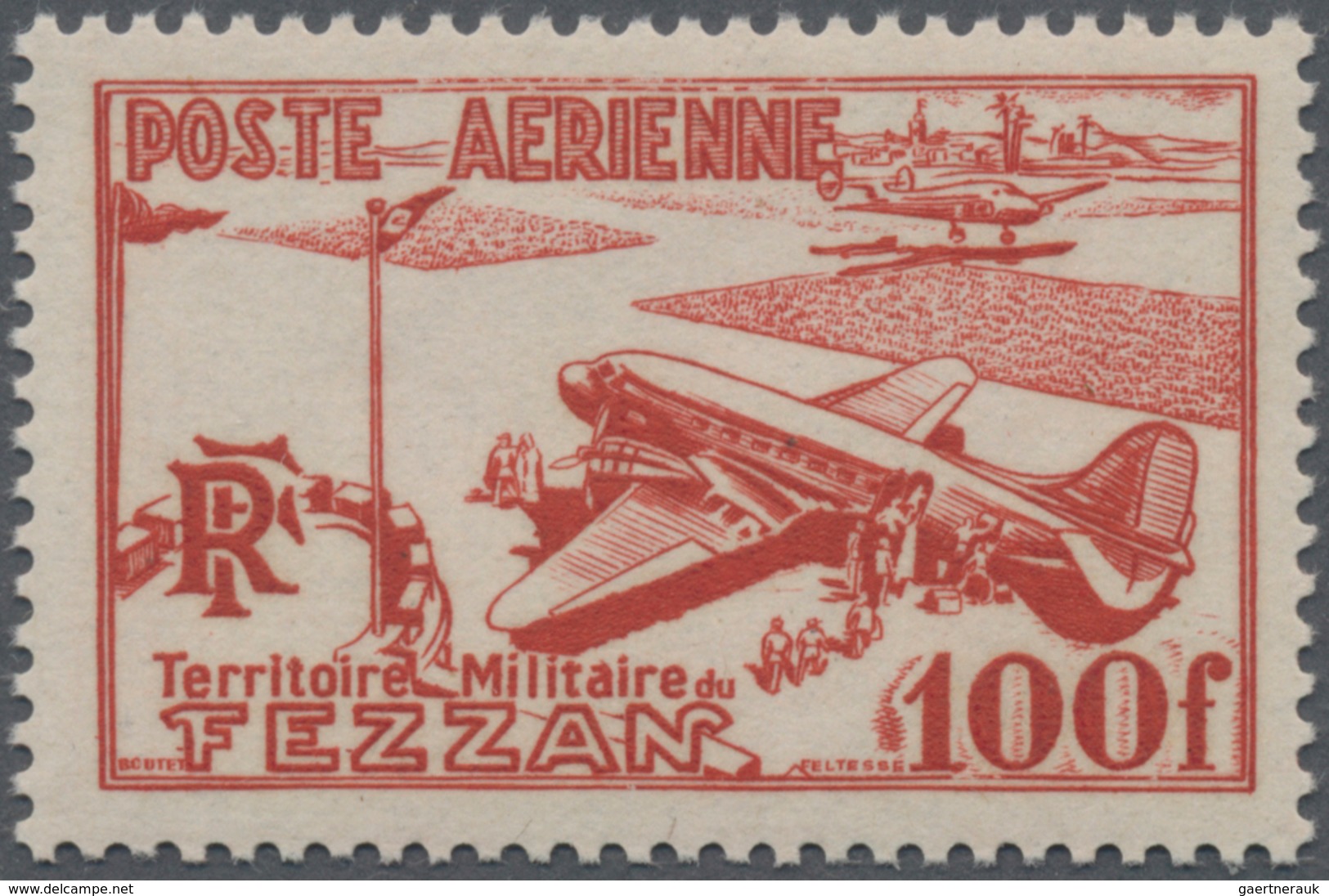 Fezzan: 1948, Airmail Stamp 100fr. Red ‚airport‘ In A Lot With 100 Single Stamps, Mint Never Hinged - Cartas & Documentos