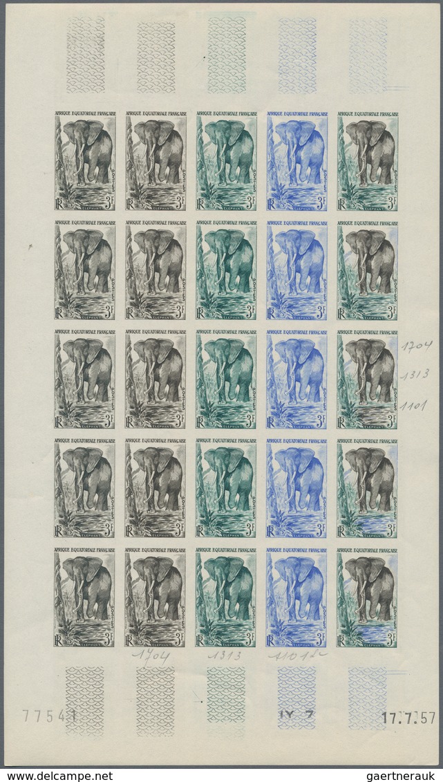 Französisch-Äquatorialafrika: 1951/1957, IMPERFORATE COLOUR PROOFS, MNH Collection Of 18 Complete Sh - Briefe U. Dokumente